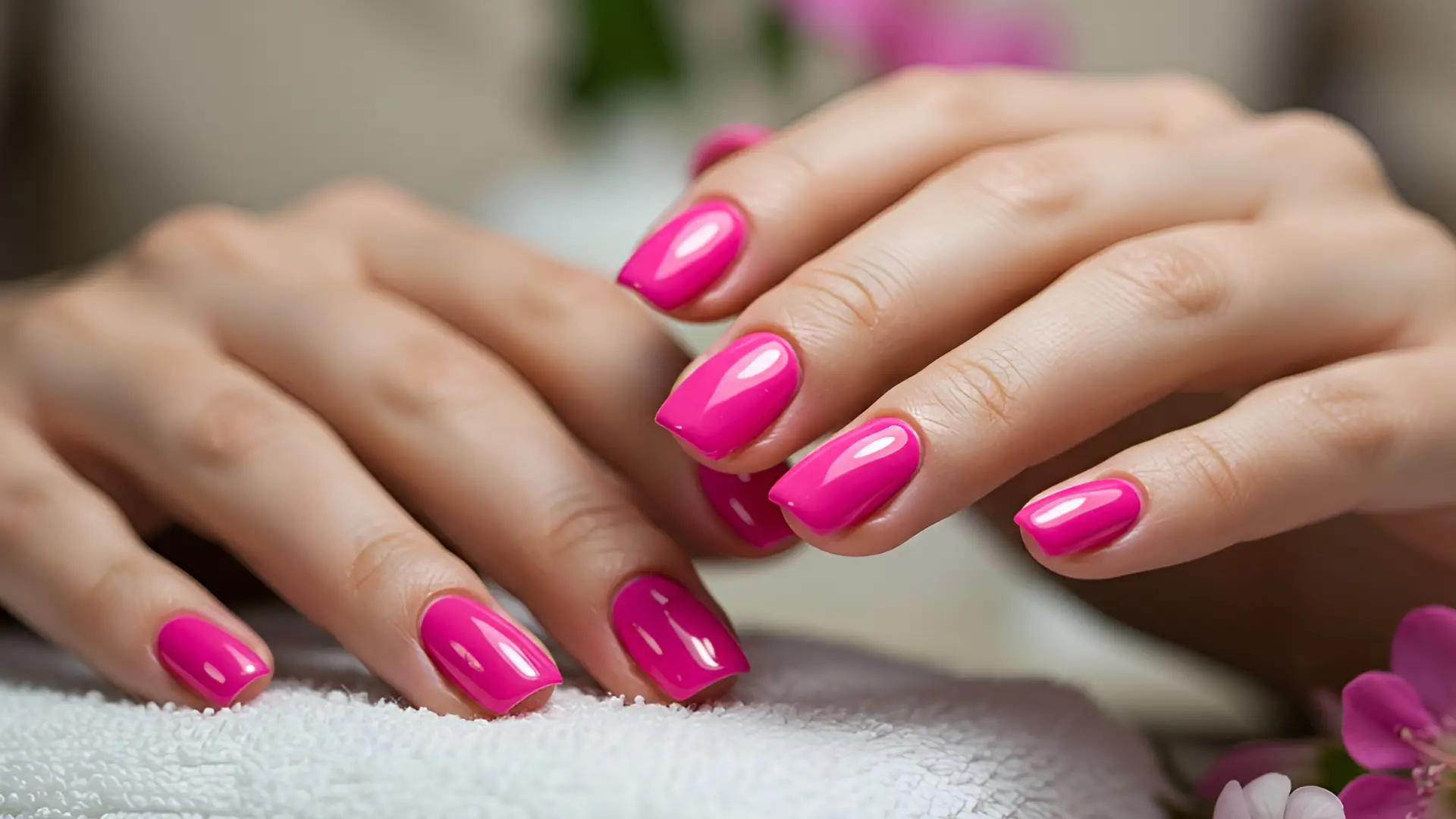 Woman With Beautiful Hot Pink Gel Nails Woman With Beautiful Hot Pink Gel Nails